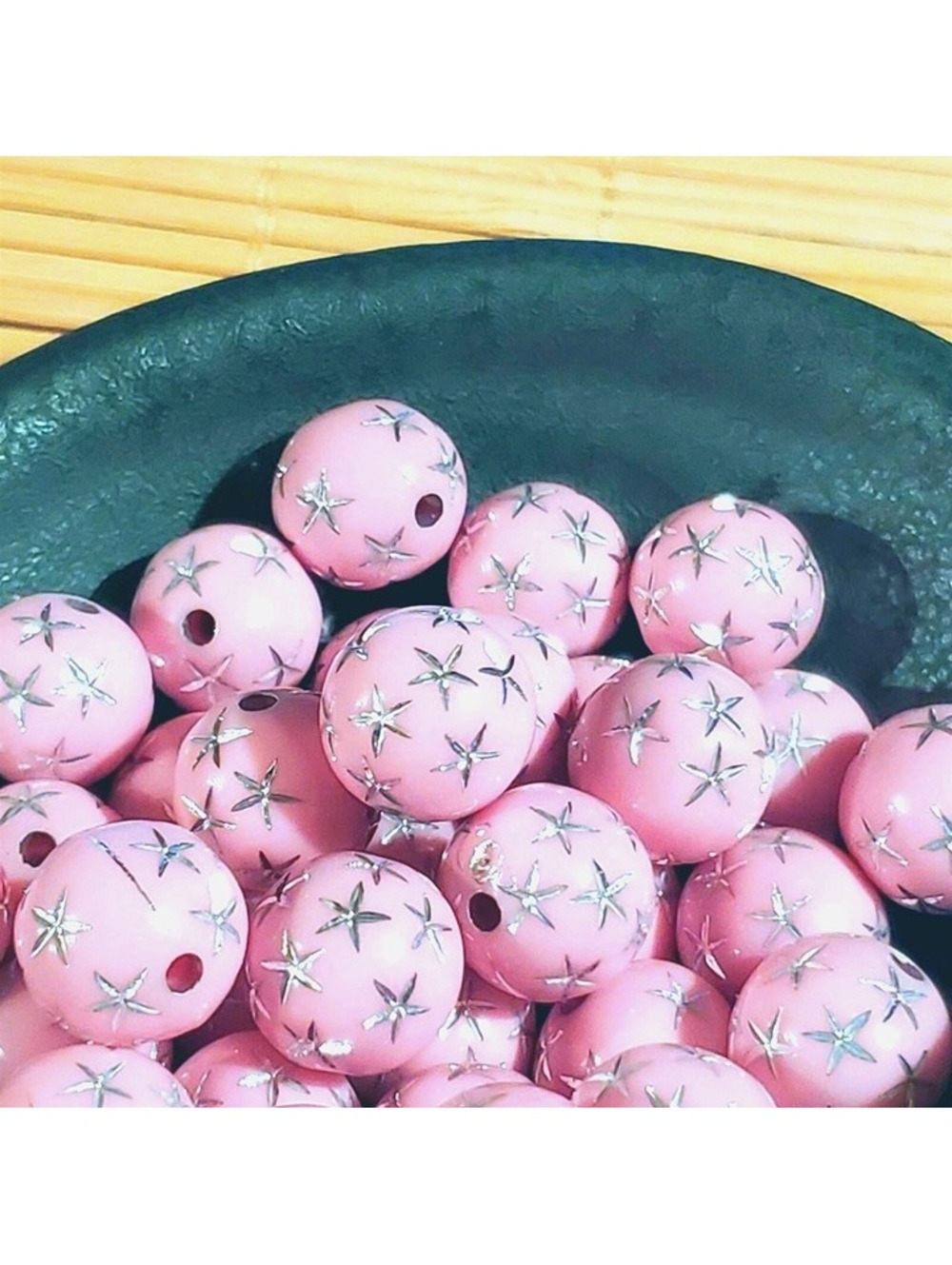 BARBIE CORE Vintage Retro Pink Silver Stars 12mm Round Acrylic Beads 10 pcs